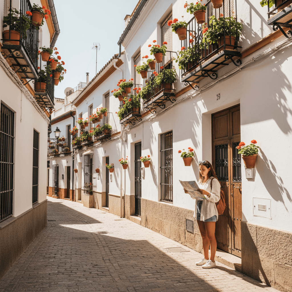 University neighbourhoods in Seville: Erasmus student looking for accommodation in a historic Andalusian street