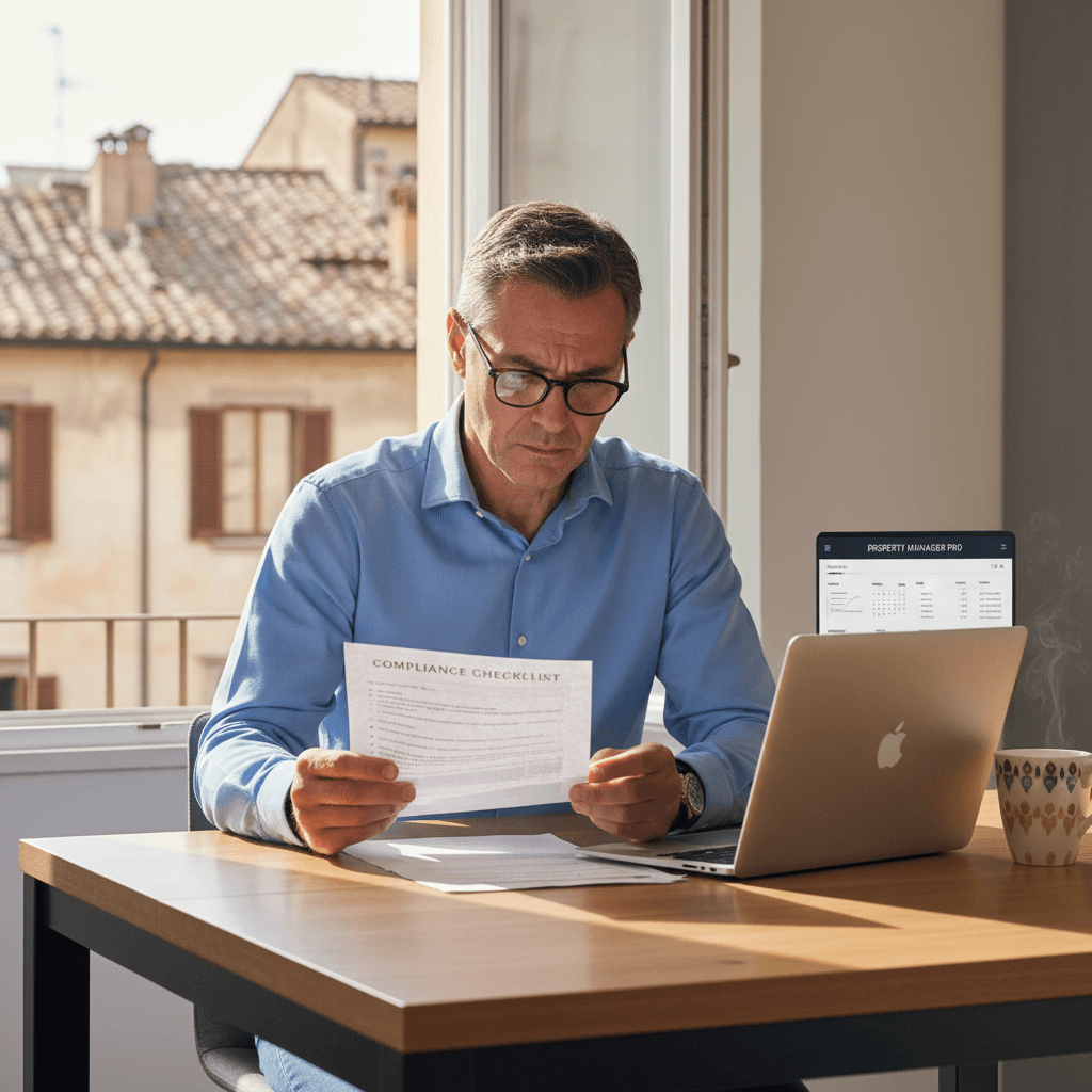 Proprietario di casa che verifica gli obblighi normativi per affitti brevi studenti 2026 con checklist e laptop