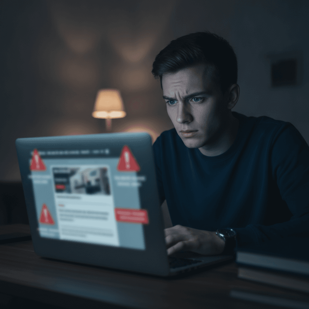 Student looking worried at a laptop while reviewing a suspicious Milan rental listing — how to spot student housing scams