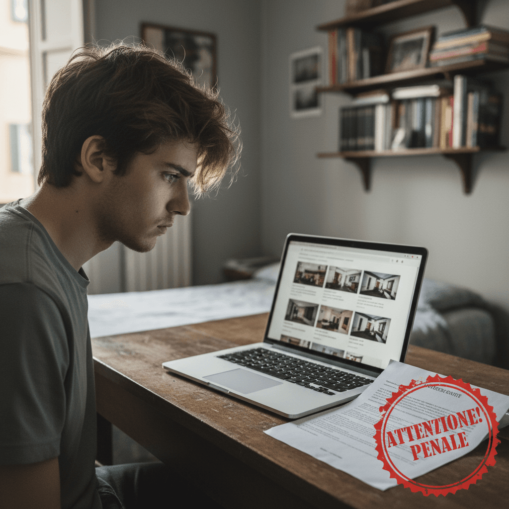 Worried student at a laptop analysing rental listings in Rome — how to avoid student accommodation scams