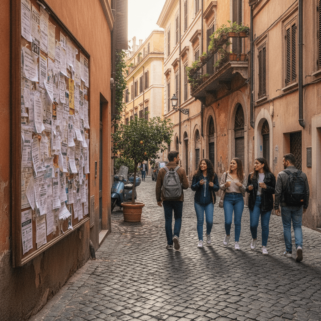 Quartiere studentesco di Roma con vicolo in sampietrini, palazzi storici e giovani studenti universitari a passeggio — quartieri migliori per studenti Roma