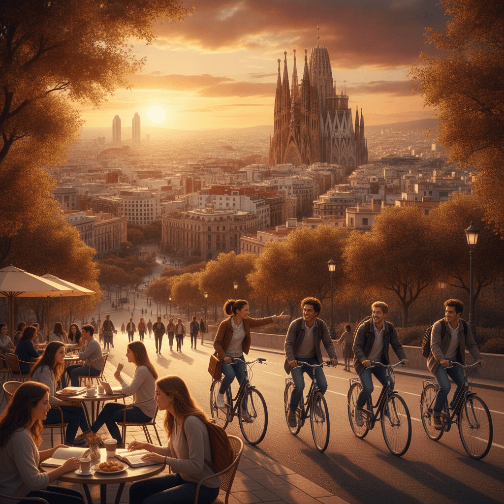 Studenti Erasmus a Barcelona in Passeig de Gràcia, con la Sagrada Familia sullo sfondo e architettura modernista
