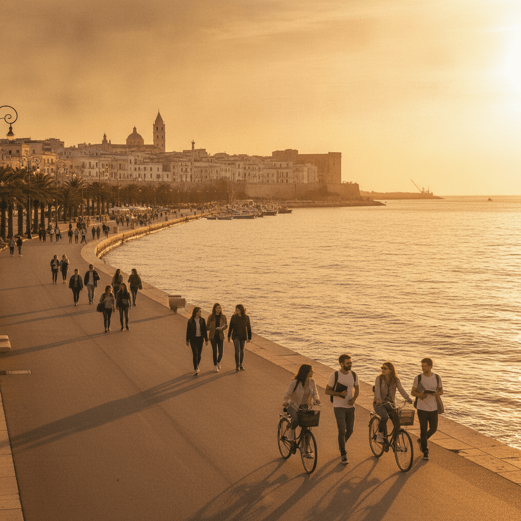 Studente Erasmus con zaino davanti alla Basilica di San Nicola a Bari, città universitaria sul mare Adriatico
