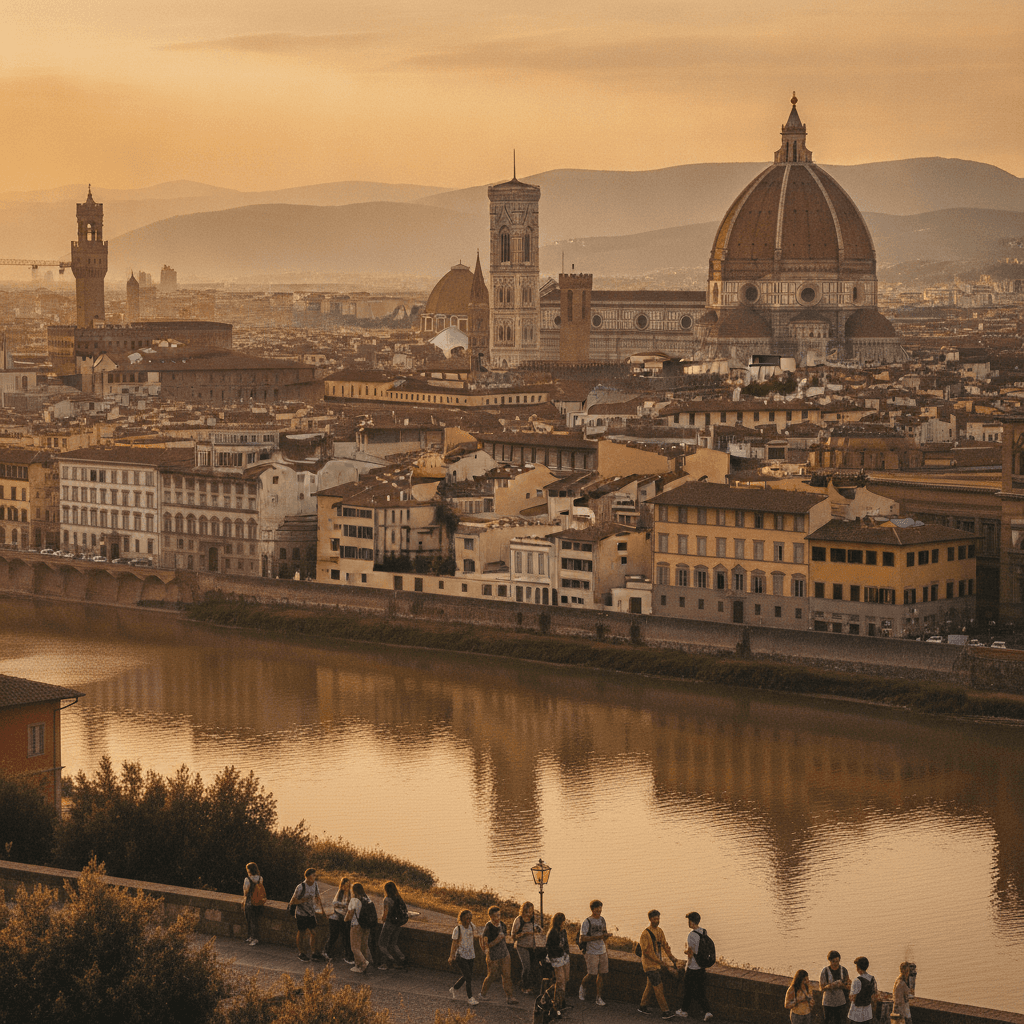 Studente Erasmus con zaino a Firenze passeggia in Piazza della Signoria tra il Duomo e i palazzi storici