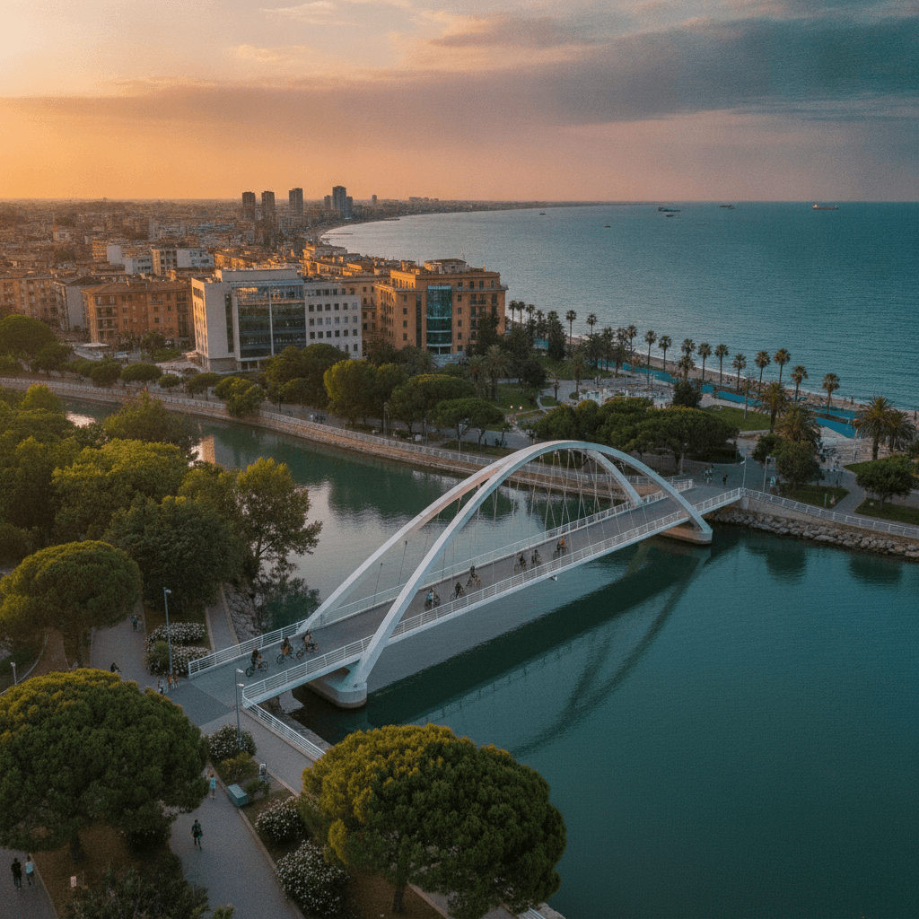 Studente Erasmus a Pescara con vista sul lungomare adriatico e palazzi universitari